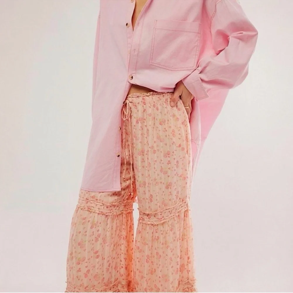 Free People Emmaline Tiered Wide Leg Pull On Pant Pink Size Small - Picture 2 of 10